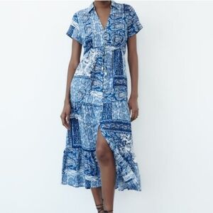 Zara patchwork Paisley print midi dress xs blue